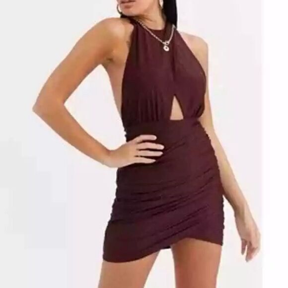 Nwt Tiger Mist Women's Halter Backless Ruched Bodycon Dress Purple M Cocktail